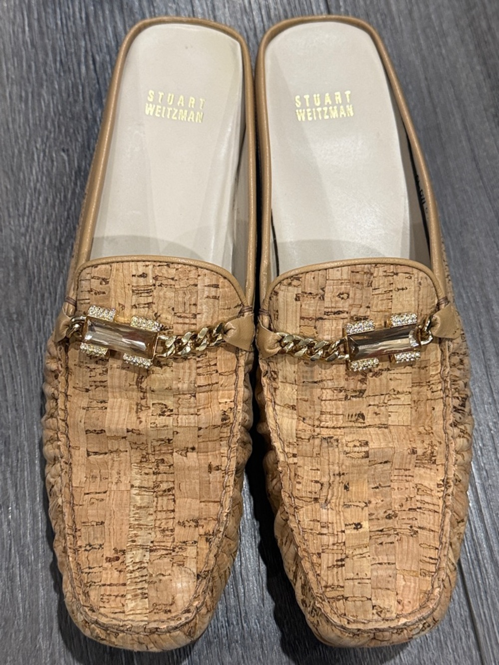Stuart Weitzman Cork-Textured Slide Mules with Gold Chain & Crystal Accent - Tan